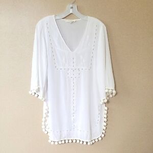Solitaire Womens White Boho Pom Pom Tunic Swim Coverup - Size Medium